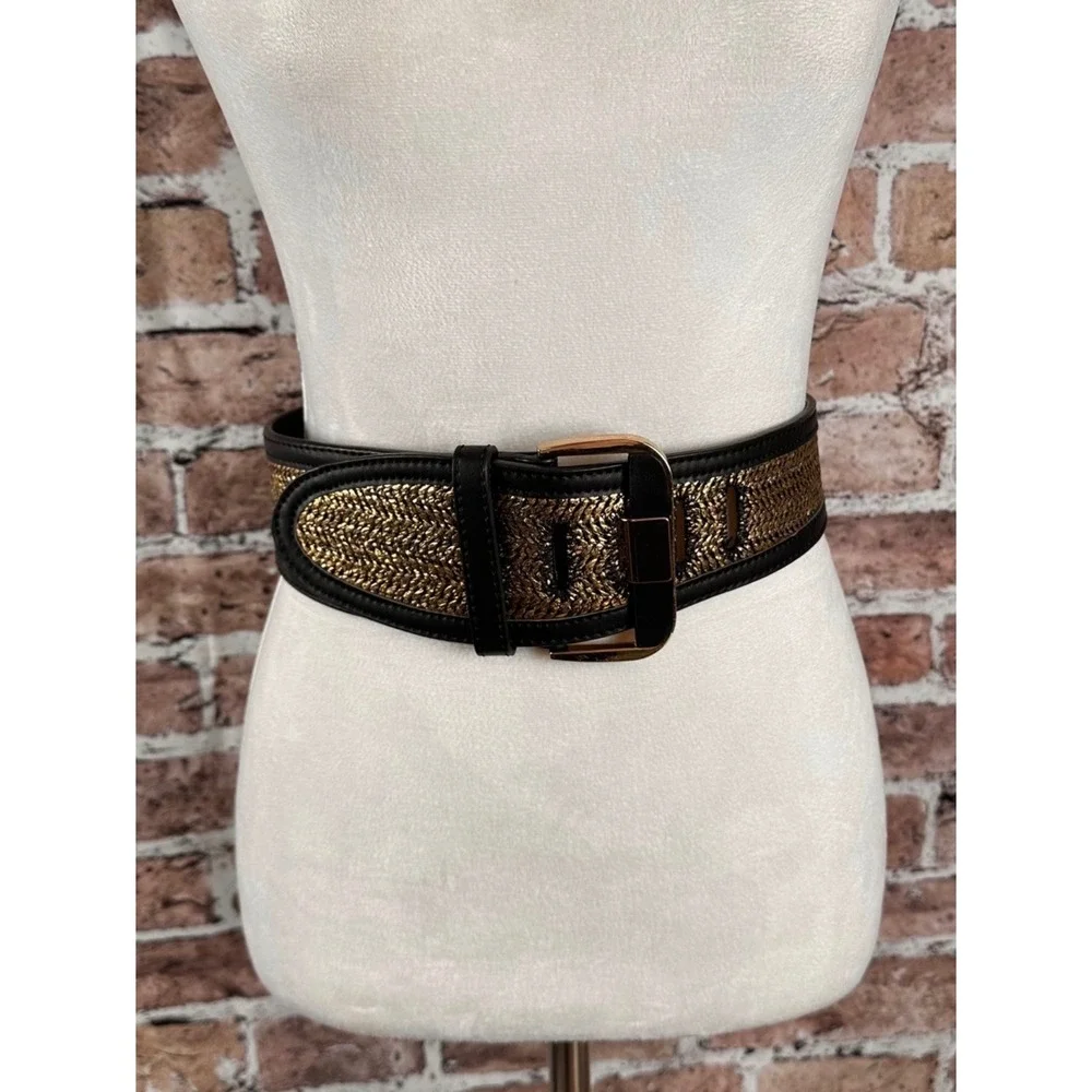 Bebe Womens Wide Waist Belt Black Gold Metallic Woven w/Black Buckle Size P S